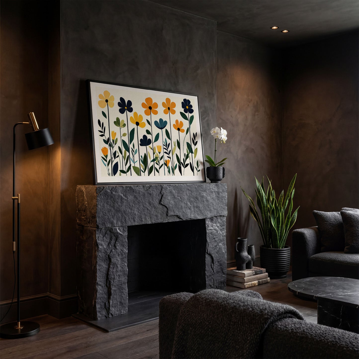 Stylized Botanical Bouquet Floral Canvas Wall Art in black floating frame