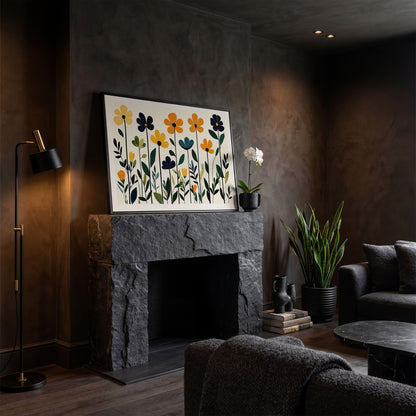 Stylized Botanical Bouquet Floral Canvas Wall Art in black floating frame