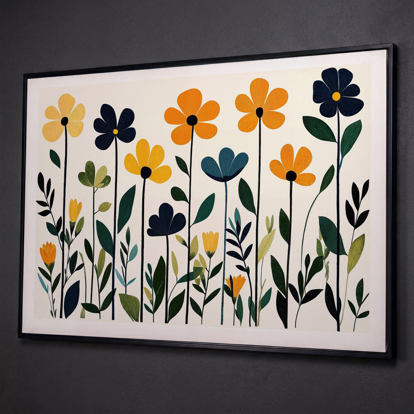Stylized Botanical Bouquet Floral Canvas Wall Art shown in black floating frame