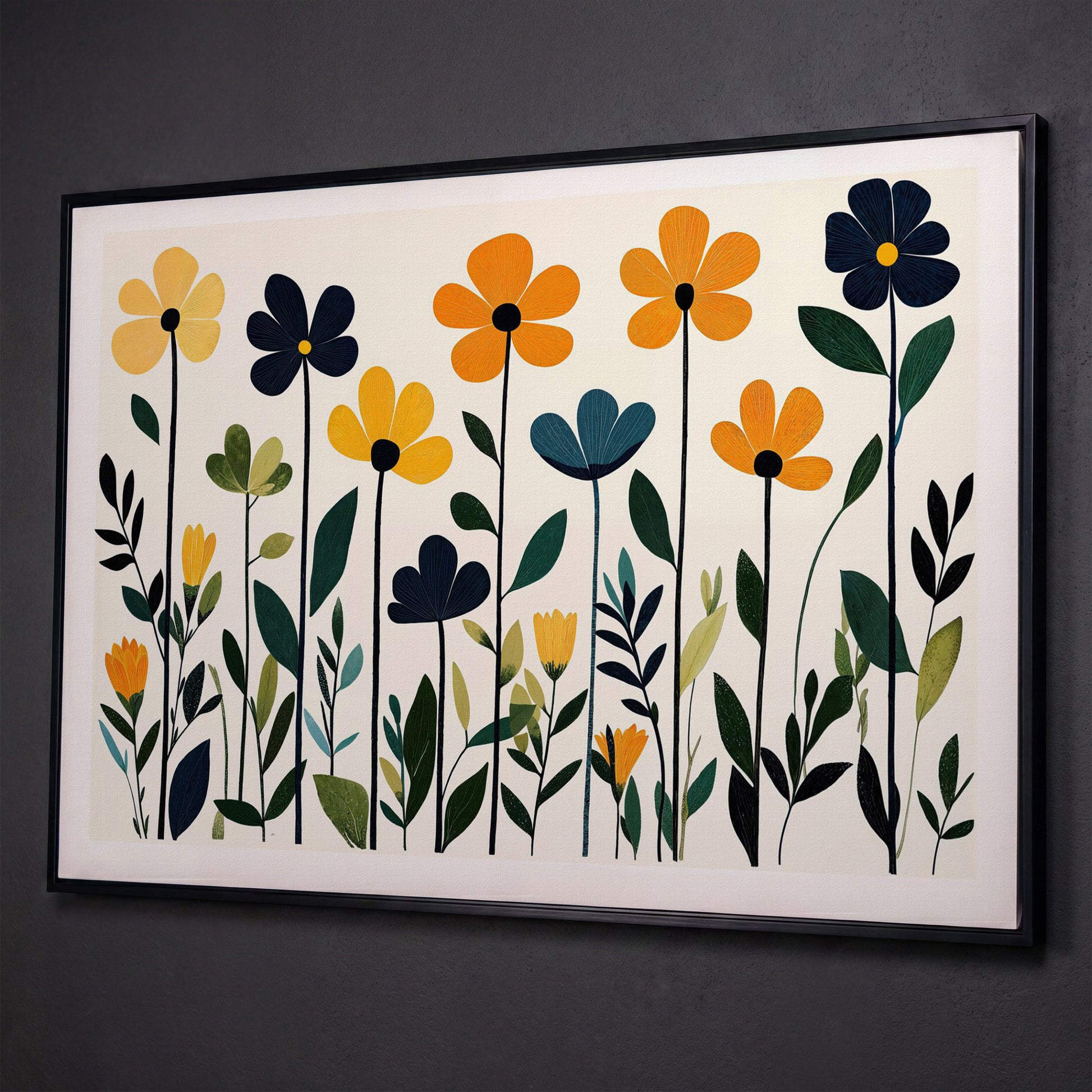 Stylized Botanical Bouquet Floral Canvas Wall Art shown in black floating frame