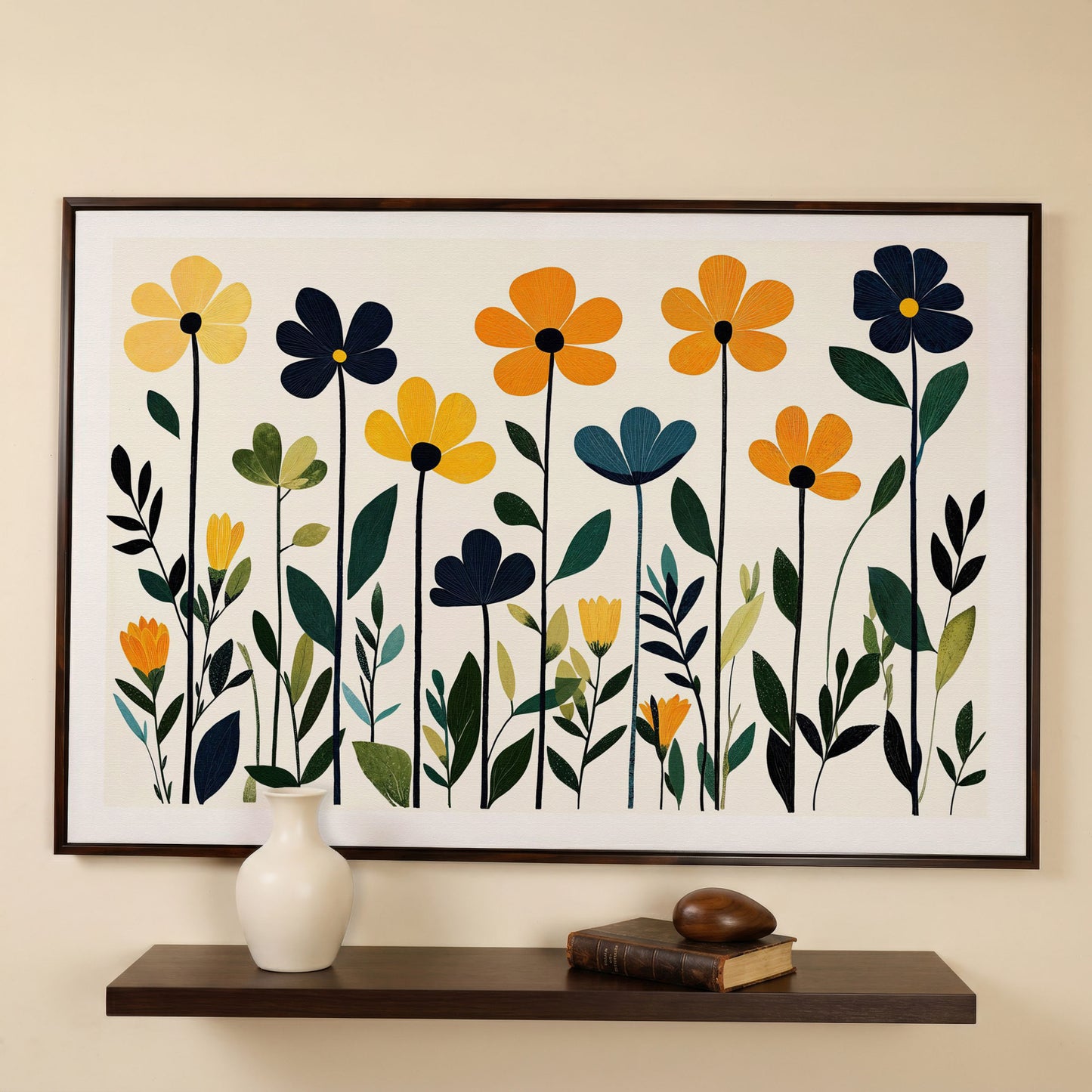 Stylized Botanical Bouquet Floral Canvas Wall Art in dark walnut floating frame
