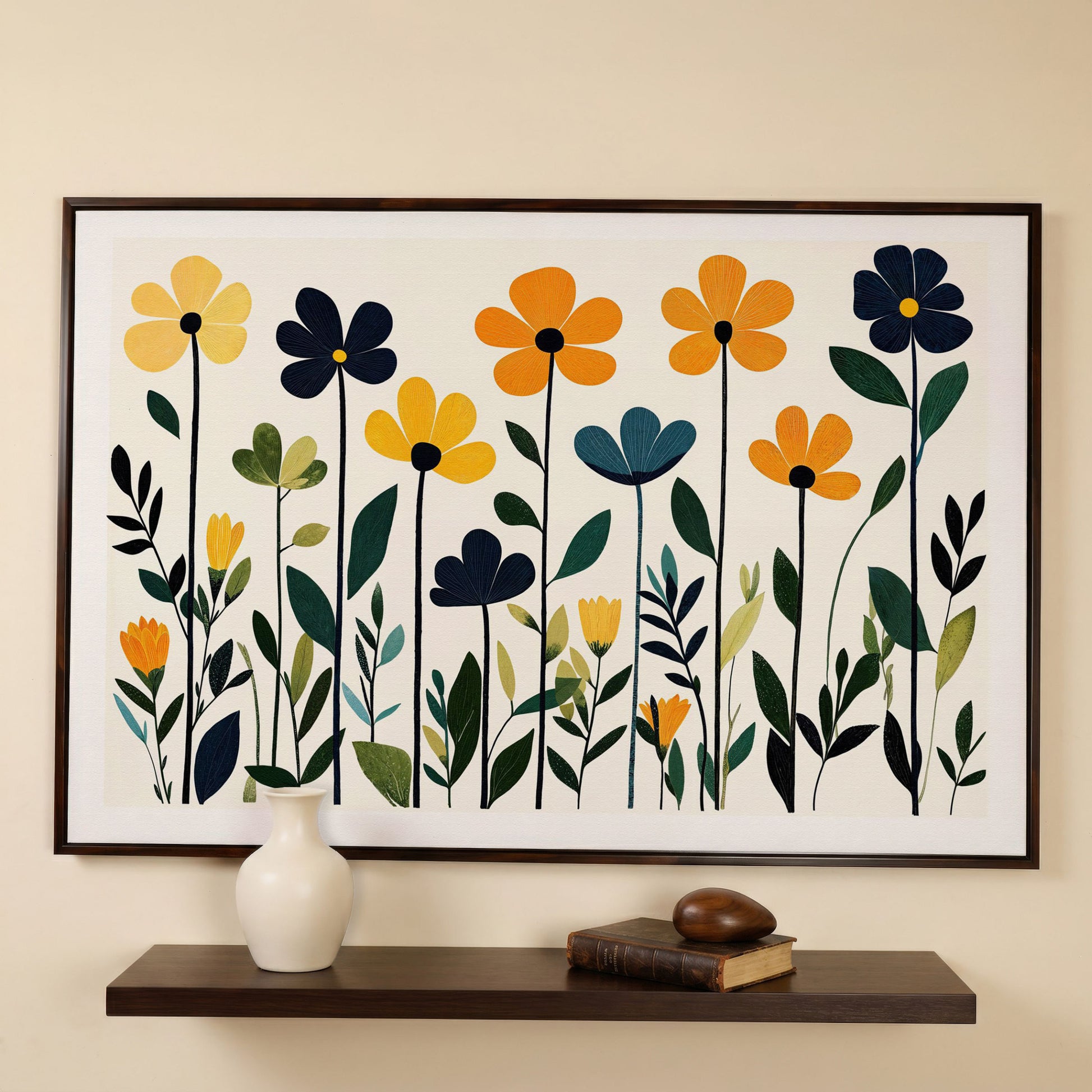 Stylized Botanical Bouquet Floral Canvas Wall Art in dark walnut floating frame