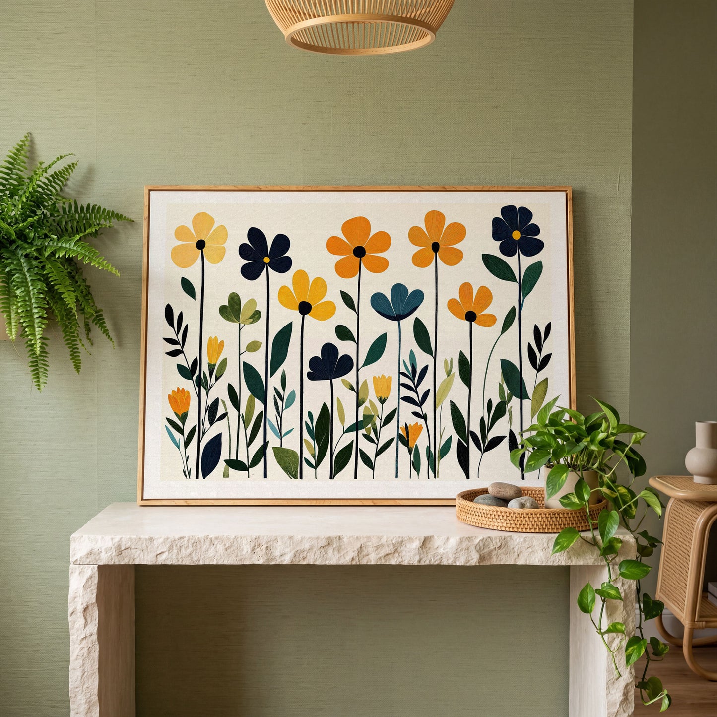 Stylized Botanical Bouquet Floral Canvas Wall Art in white oak floating frame
