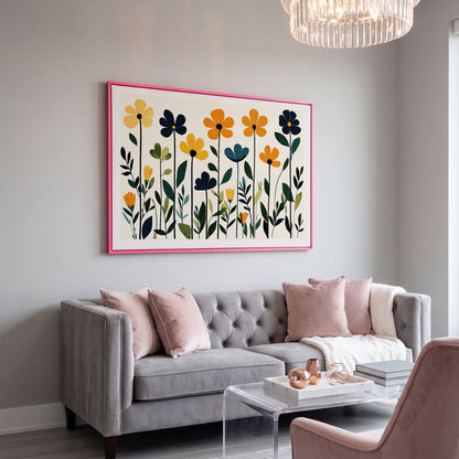Stylized Botanical Bouquet Floral Canvas Wall Art in pink floating frame