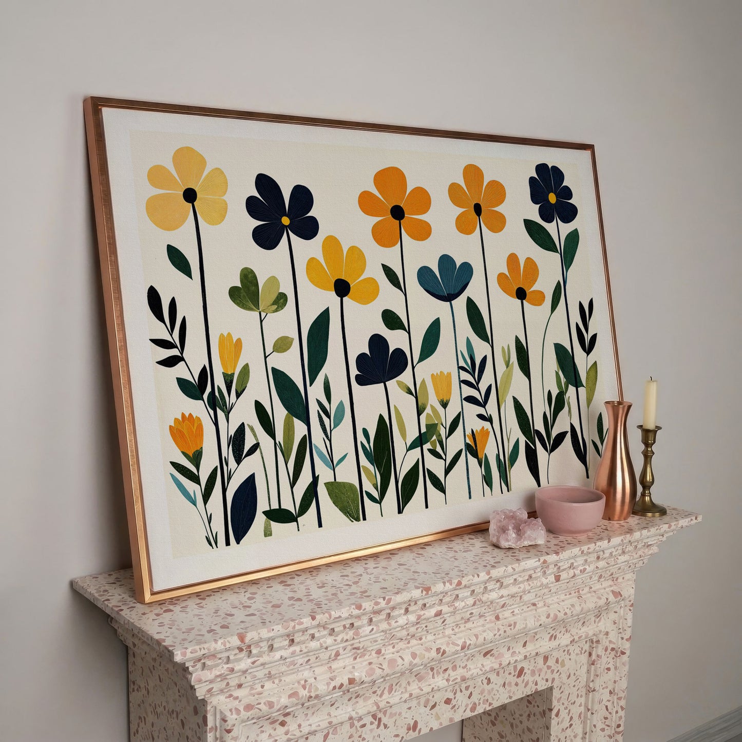 Stylized Botanical Bouquet Floral Canvas Wall Art in rose gold floating frame