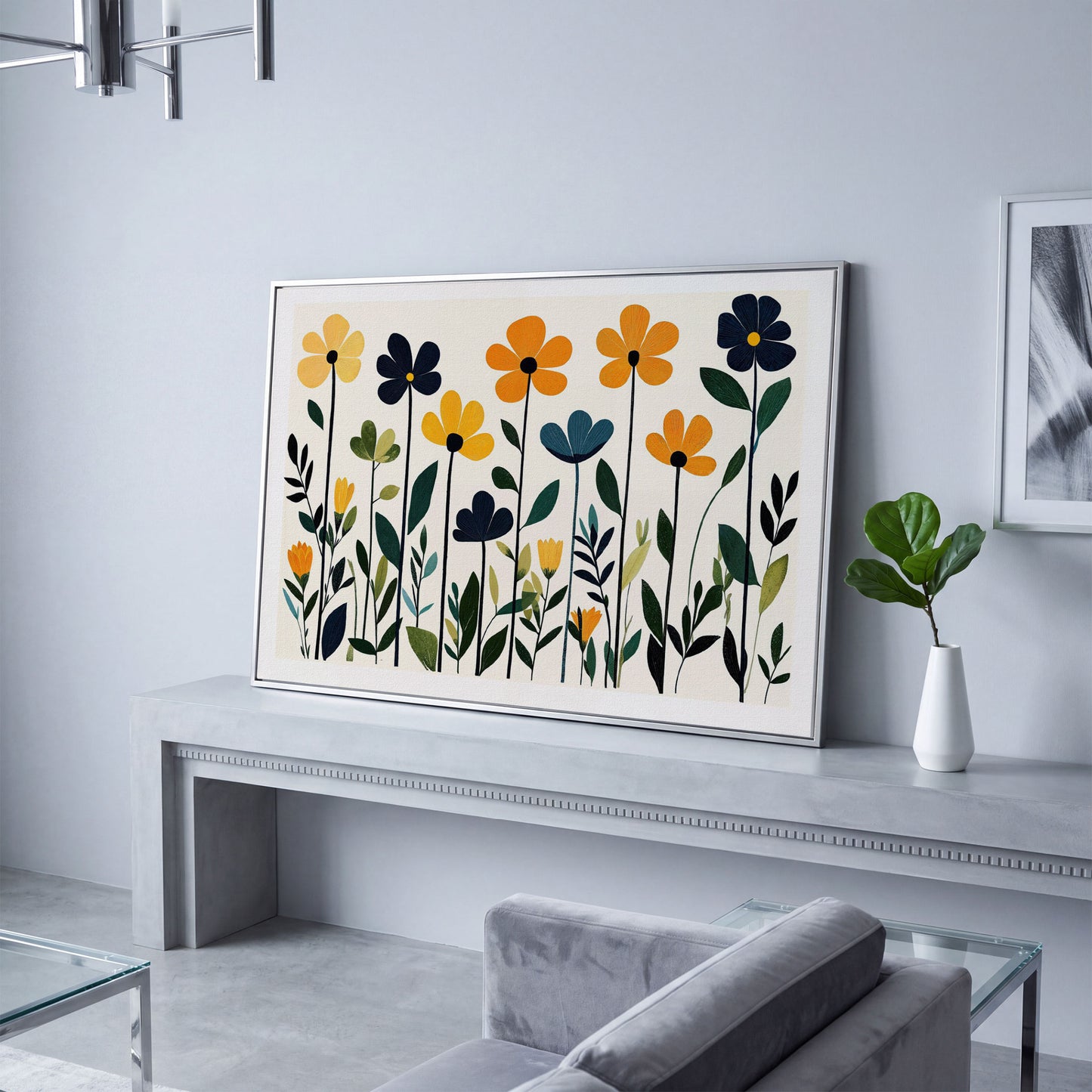Stylized Botanical Bouquet Floral Canvas Wall Art in silver floating frame