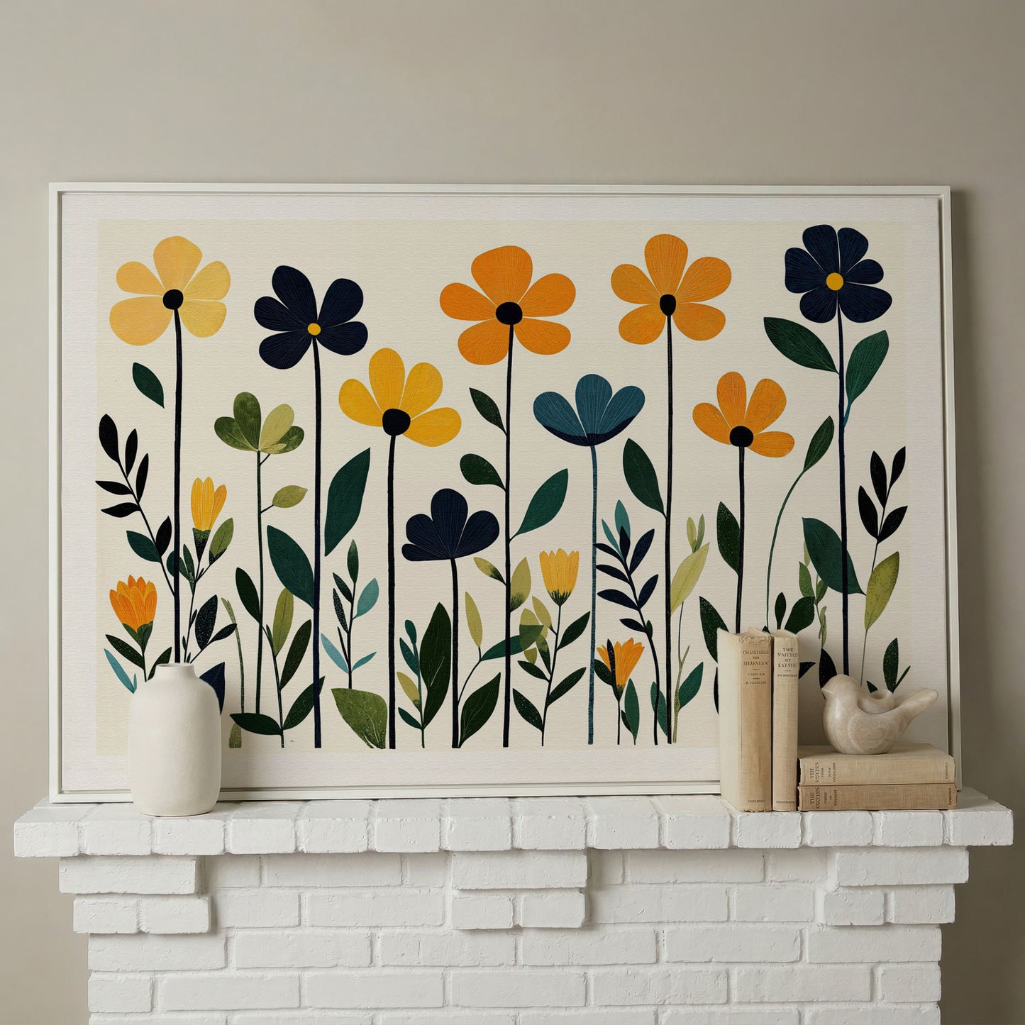 Stylized Botanical Bouquet Floral Canvas Wall Art in white floating frame