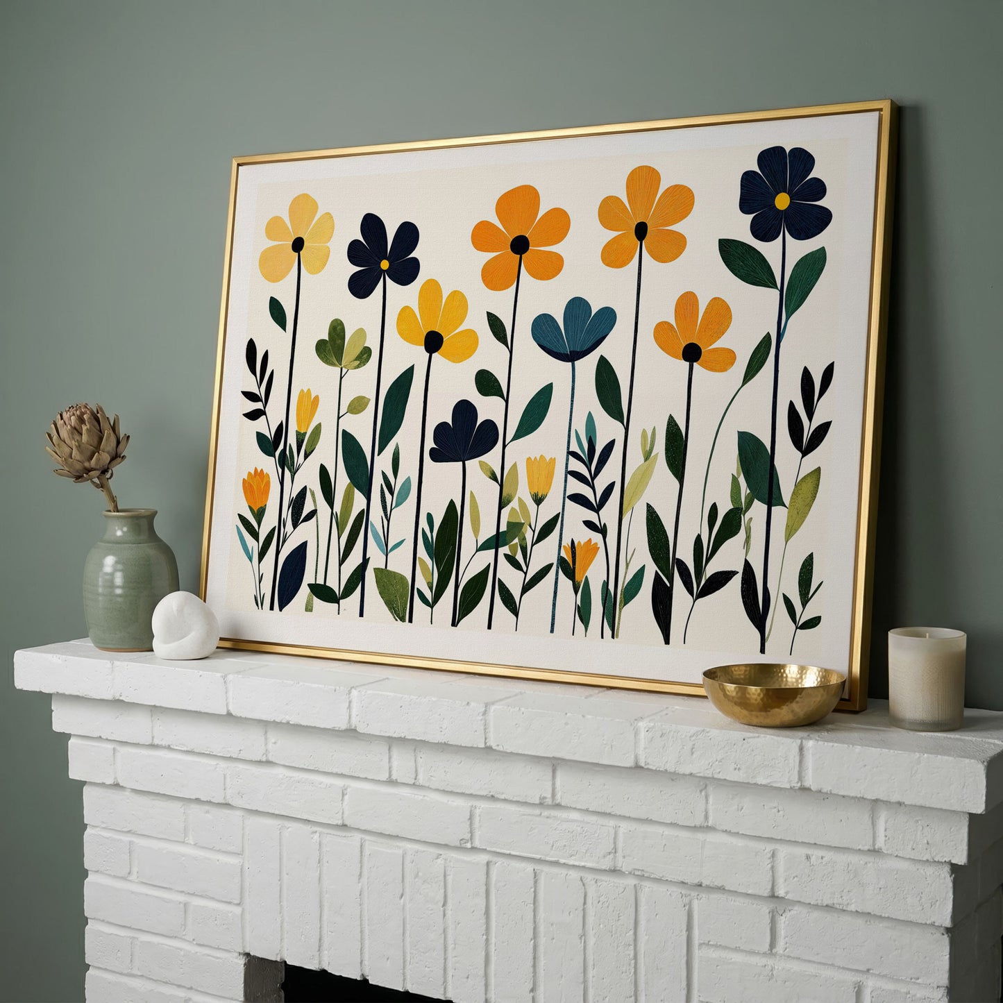 Stylized Botanical Bouquet Floral Canvas Wall Art in yellow gold floating frame