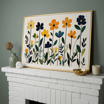 Stylized Botanical Bouquet Floral Canvas Wall Art in yellow gold floating frame