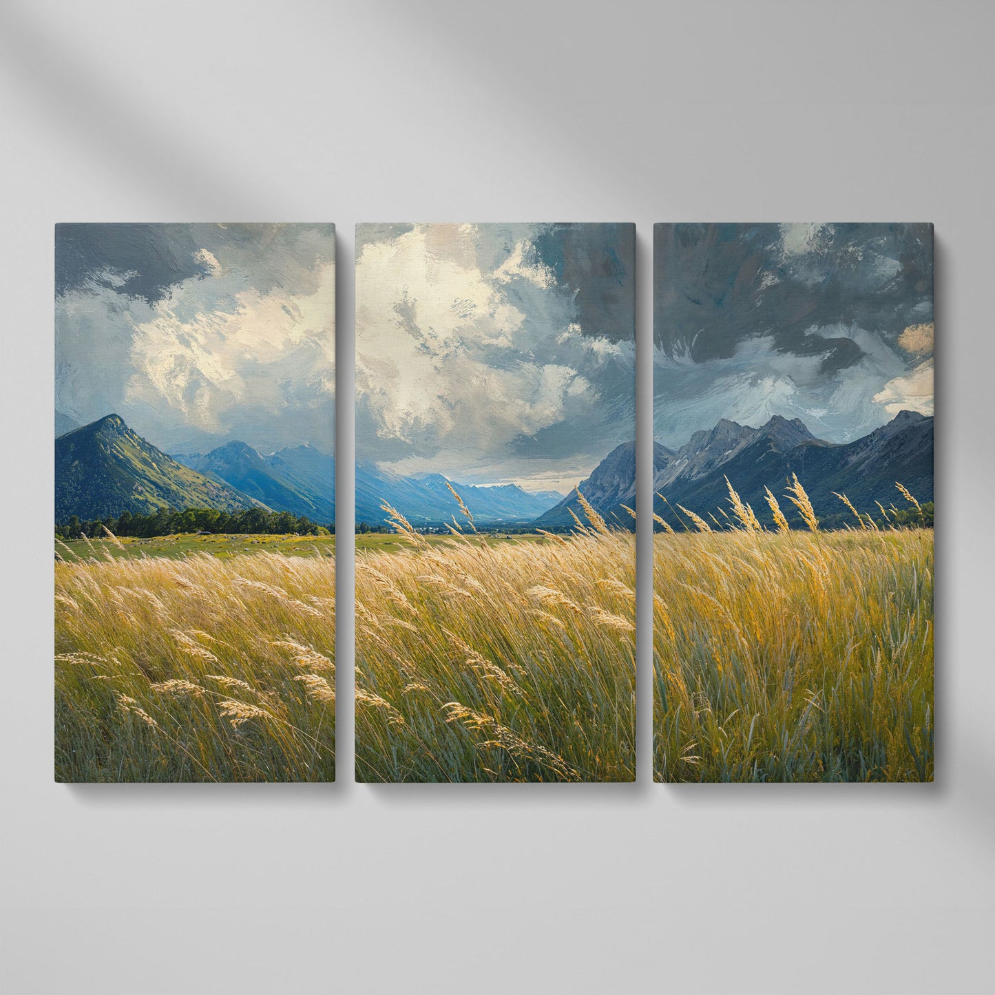 Golden Wheat Field with Mountain Range Canvas as 3-panel split version