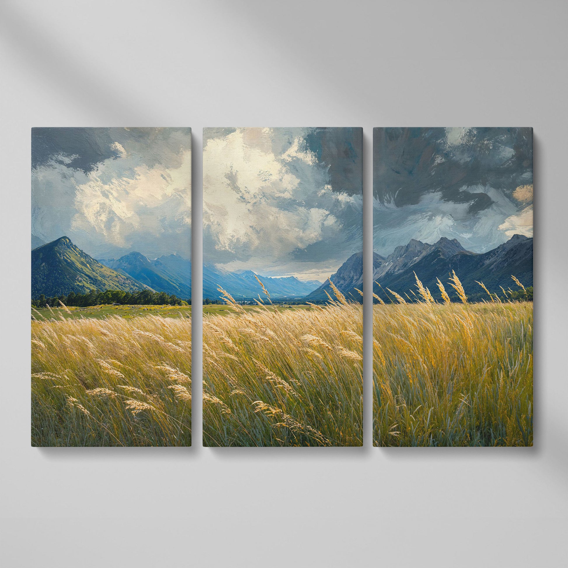 Golden Wheat Field with Mountain Range Canvas as 3-panel split version