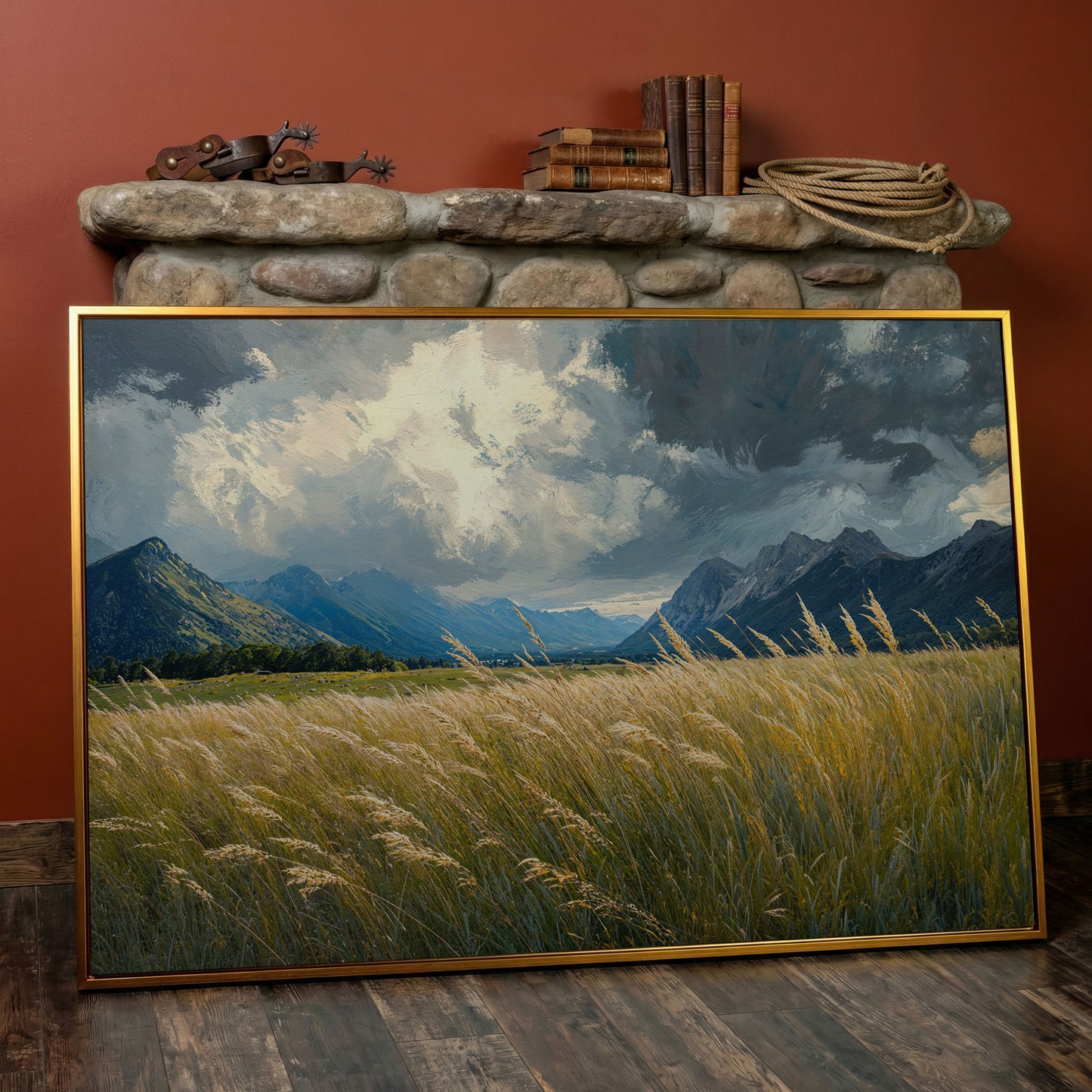 Golden Wheat Field with Mountain Range Canvas in antique gold floating frame