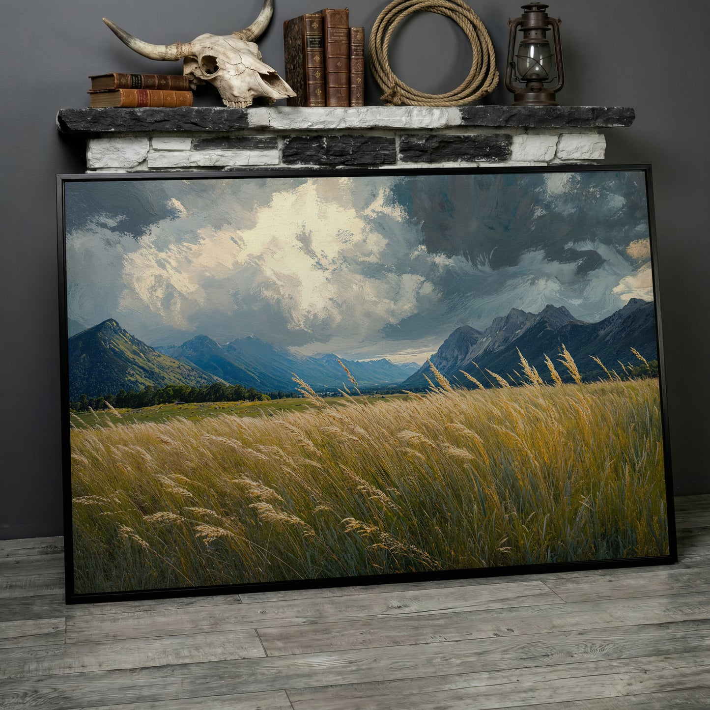 Golden Wheat Field with Mountain Range Canvas in black floating frame