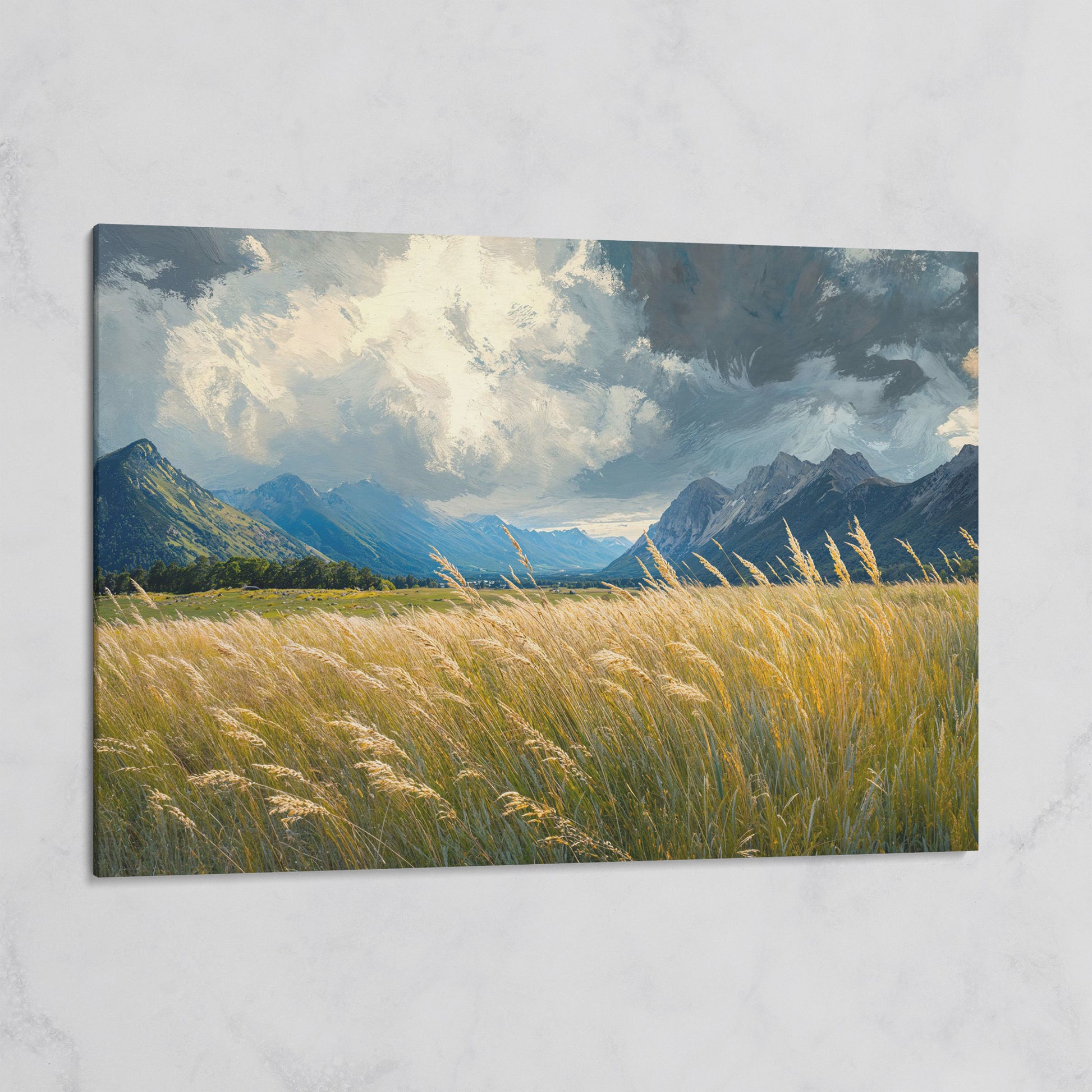 Golden Wheat Field with Mountain Range Canvas on gallery wrap
