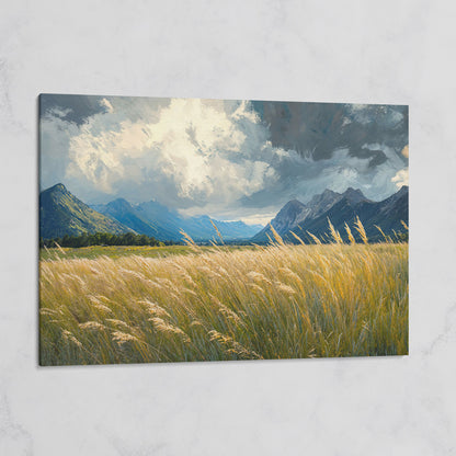 Golden Wheat Field with Mountain Range Canvas on gallery wrap