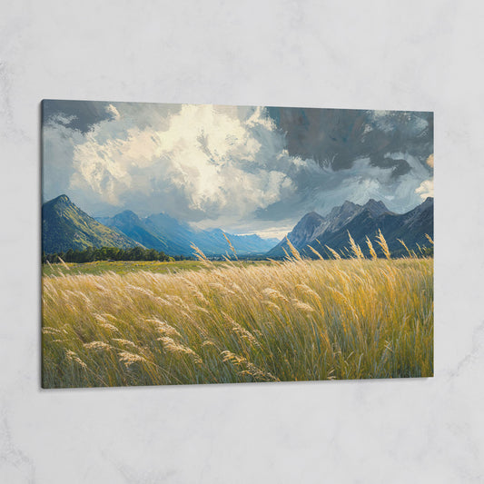 Golden Wheat Field with Mountain Range Canvas on gallery wrap