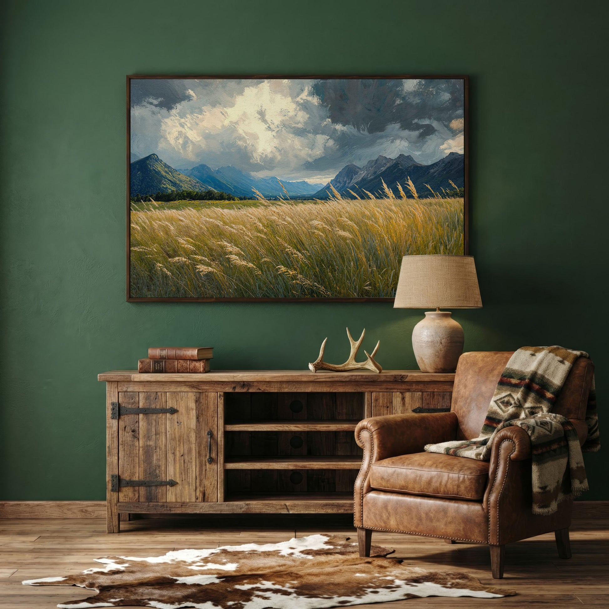Golden Wheat Field with Mountain Range Canvas in dark walnut floating frame