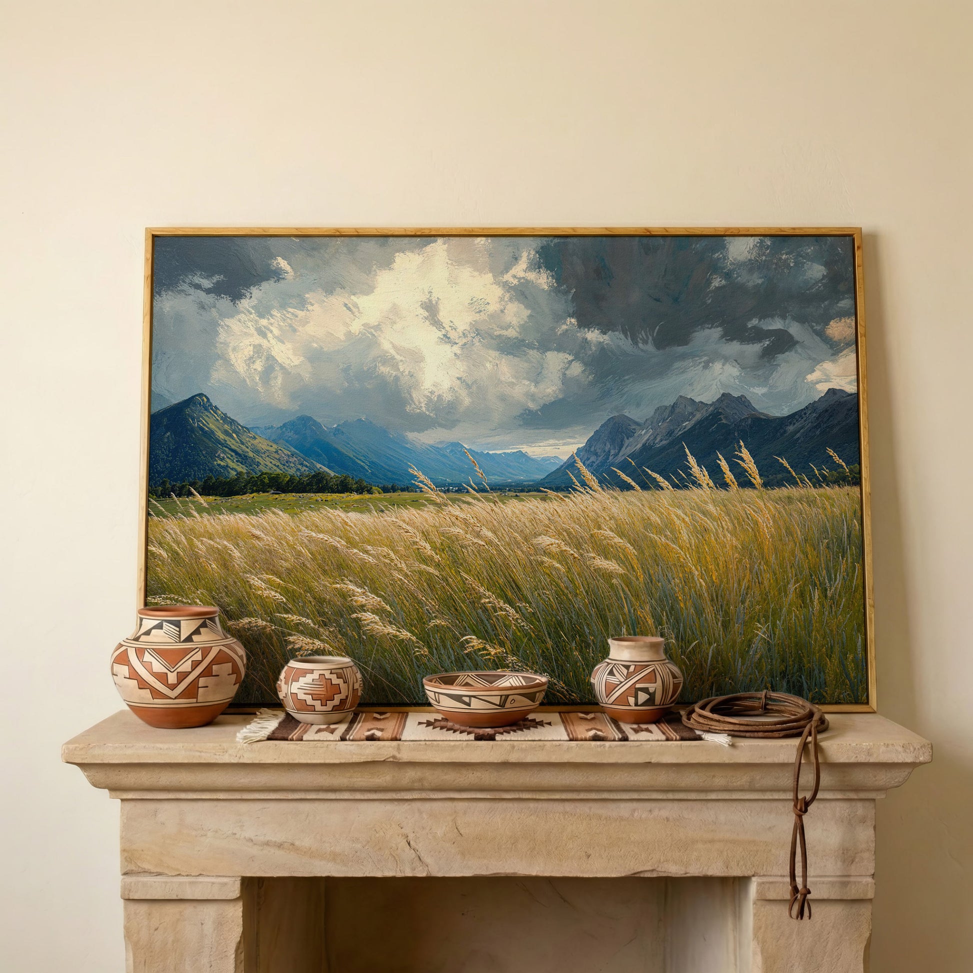 Golden Wheat Field with Mountain Range Canvas in white oak floating frame
