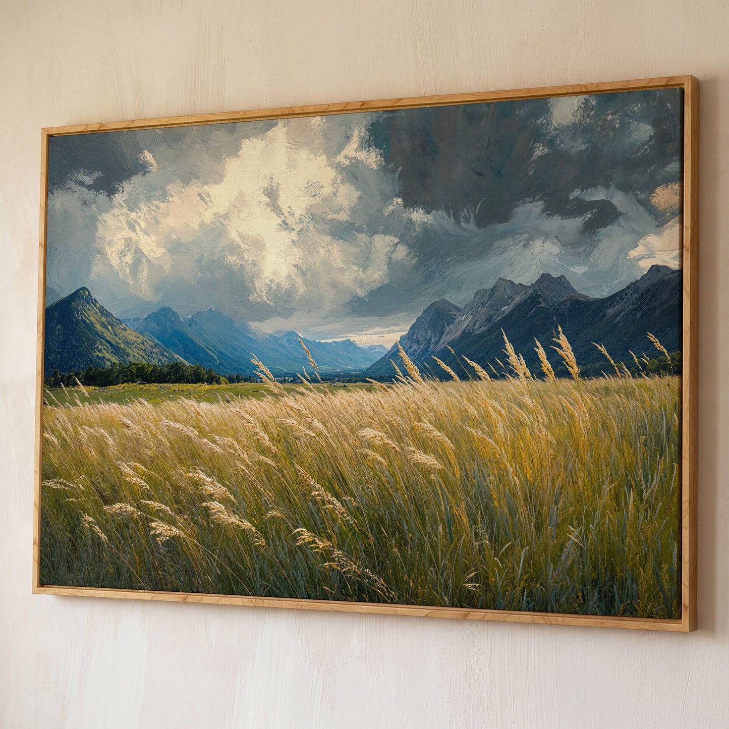 Golden Wheat Field with Mountain Range Canvas shown in white oak floating frame