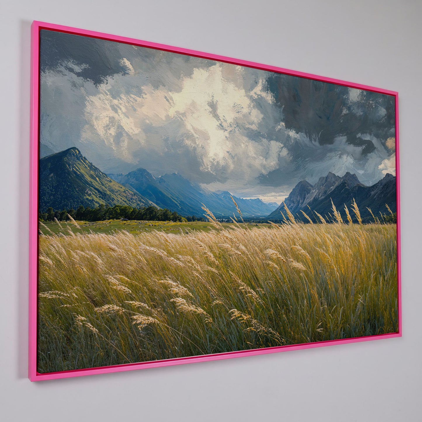 Golden Wheat Field with Mountain Range Canvas in pink floating frame