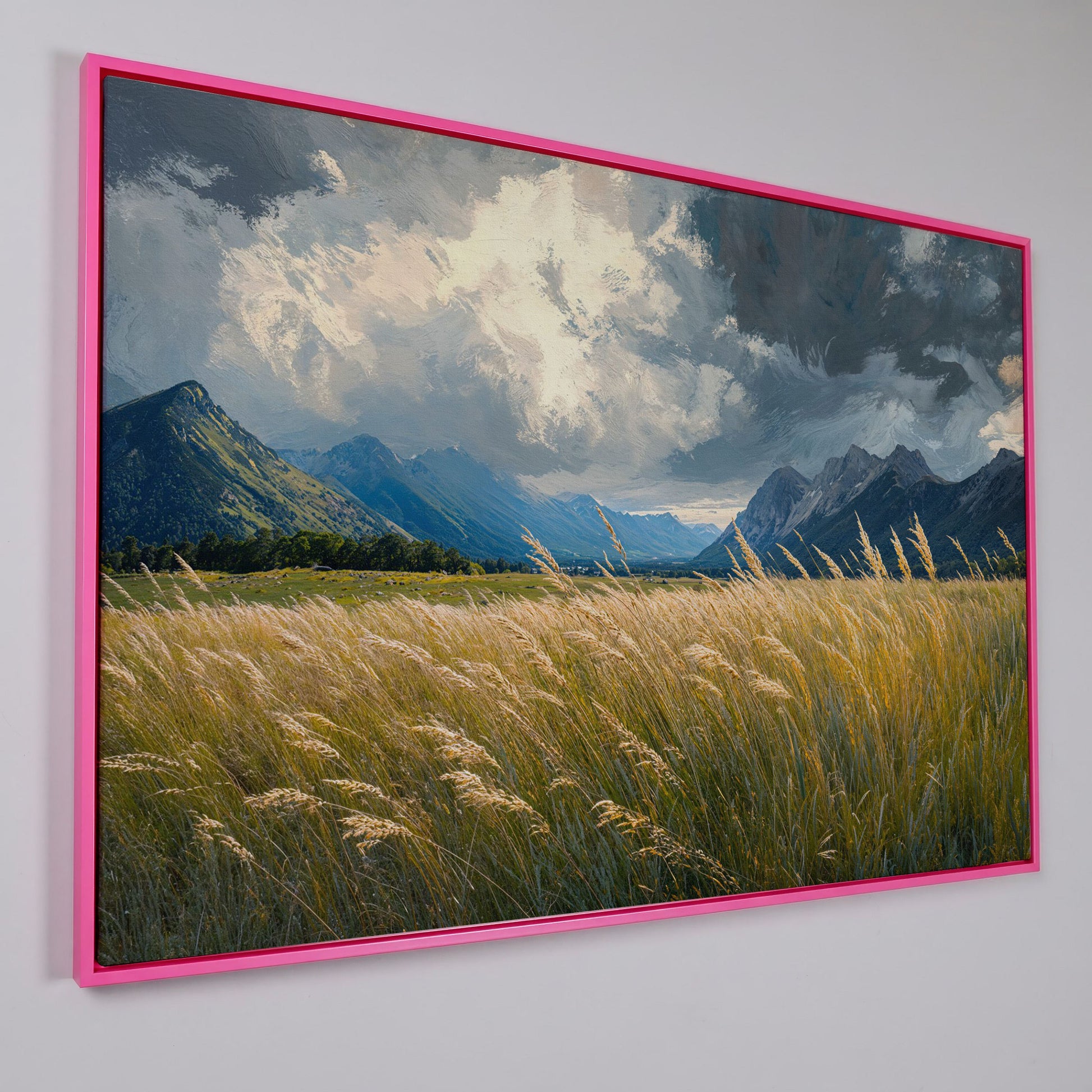 Golden Wheat Field with Mountain Range Canvas in pink floating frame