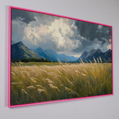 Golden Wheat Field with Mountain Range Canvas in pink floating frame