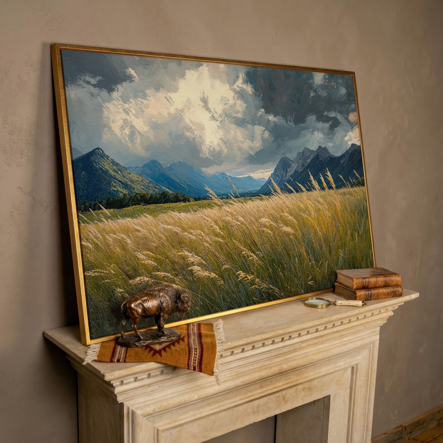 Golden Wheat Field with Mountain Range Canvas in rose gold floating frame