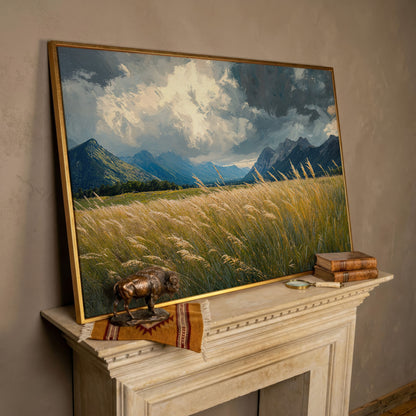 Golden Wheat Field with Mountain Range Canvas in rose gold floating frame