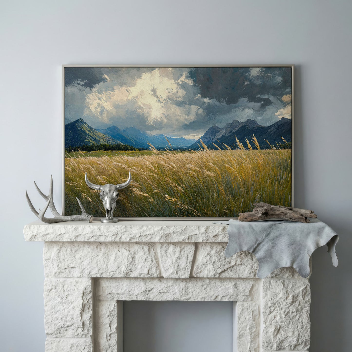 Golden Wheat Field with Mountain Range Canvas in silver floating frame