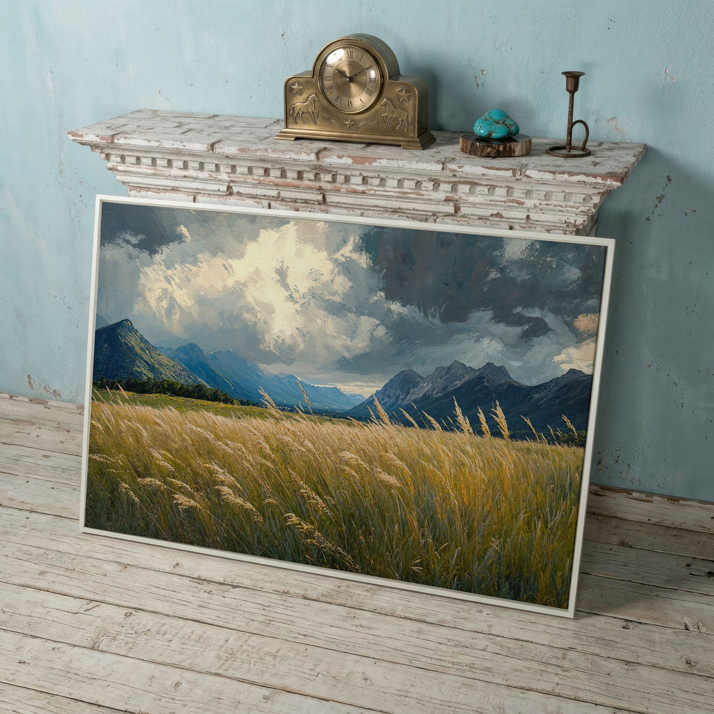 Golden Wheat Field with Mountain Range Canvas in white floating frame