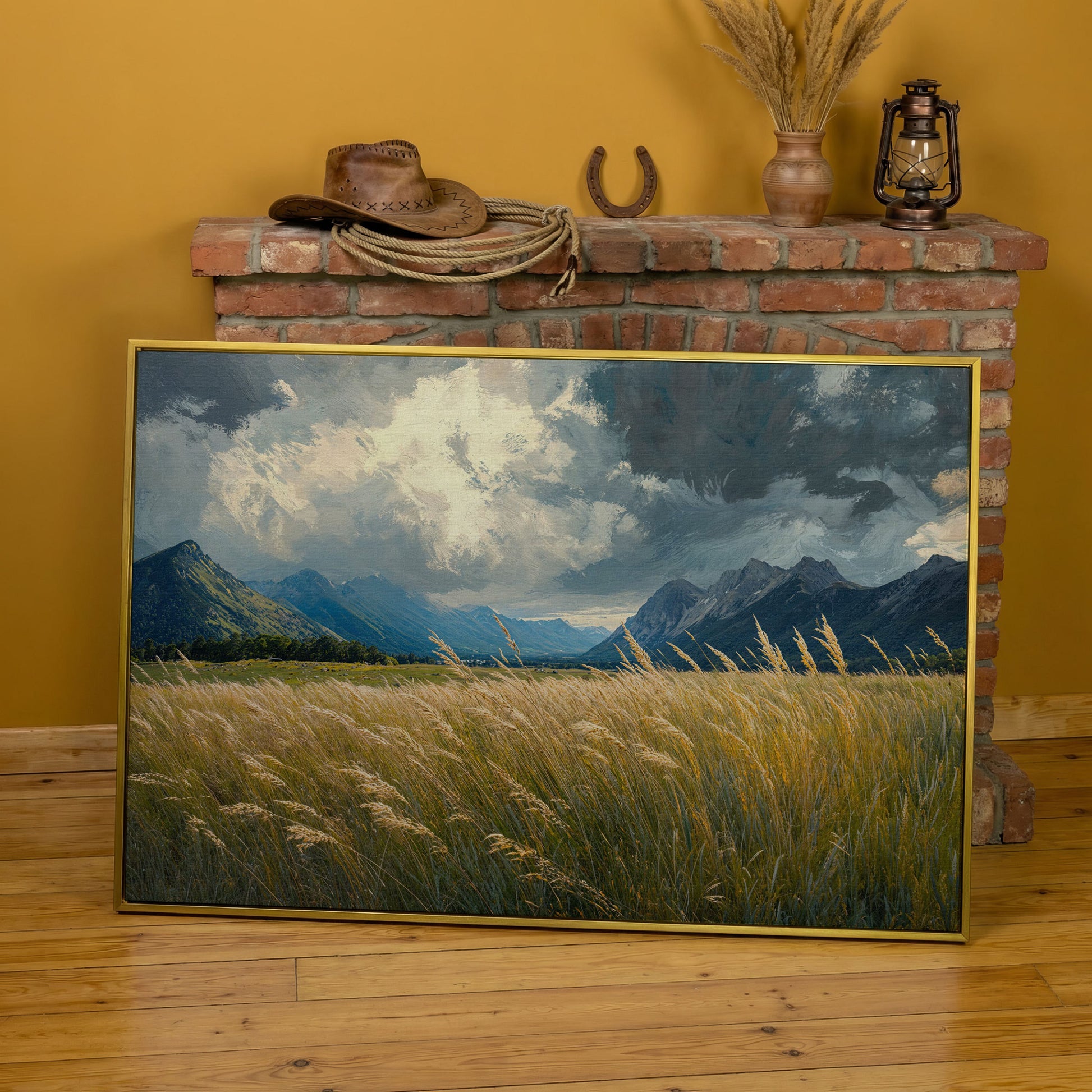 Golden Wheat Field with Mountain Range Canvas in yellow gold floating frame