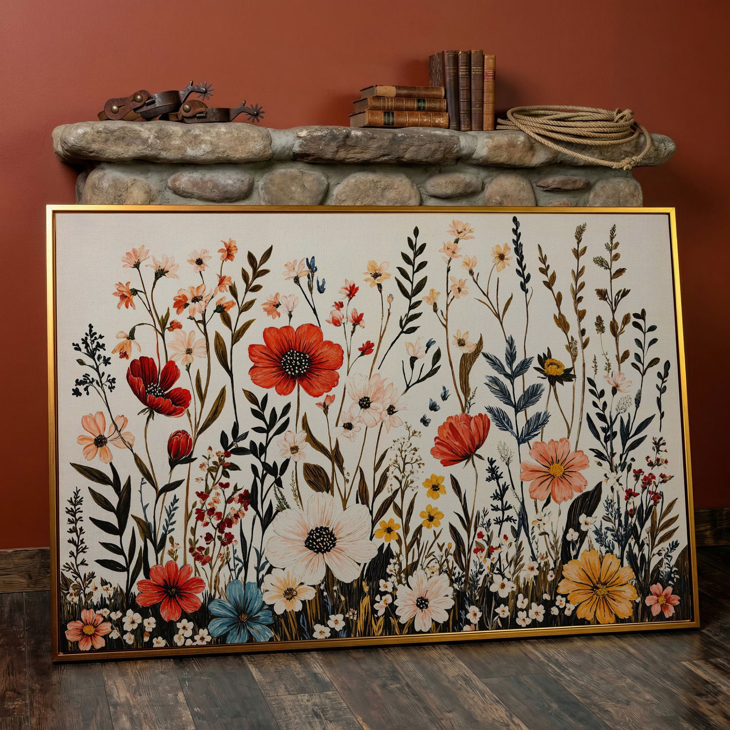 Vibrant Wildflower Canvas Print in antique gold floating frame
