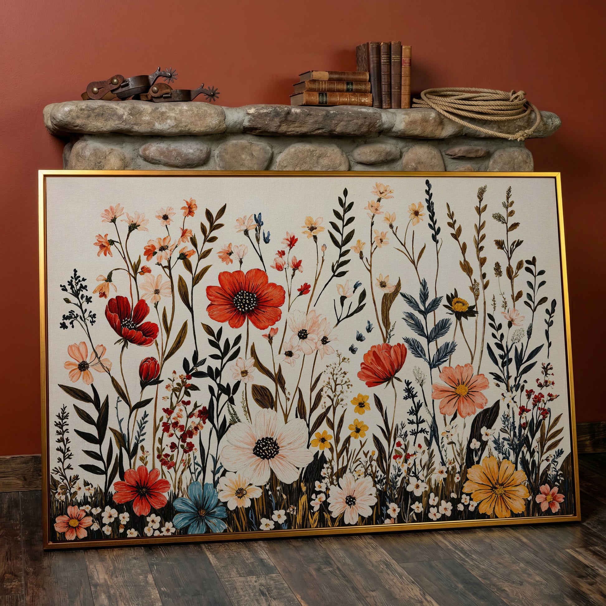 Vibrant Wildflower Canvas Print in antique gold floating frame