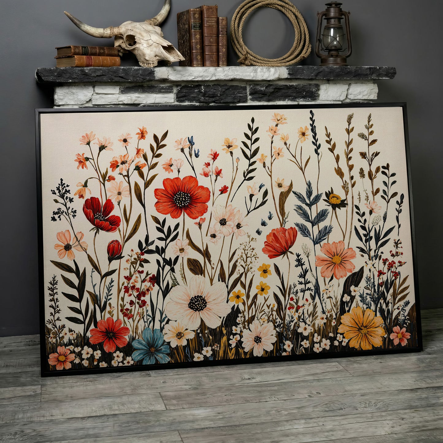 Vibrant Wildflower Canvas Print in black floating frame