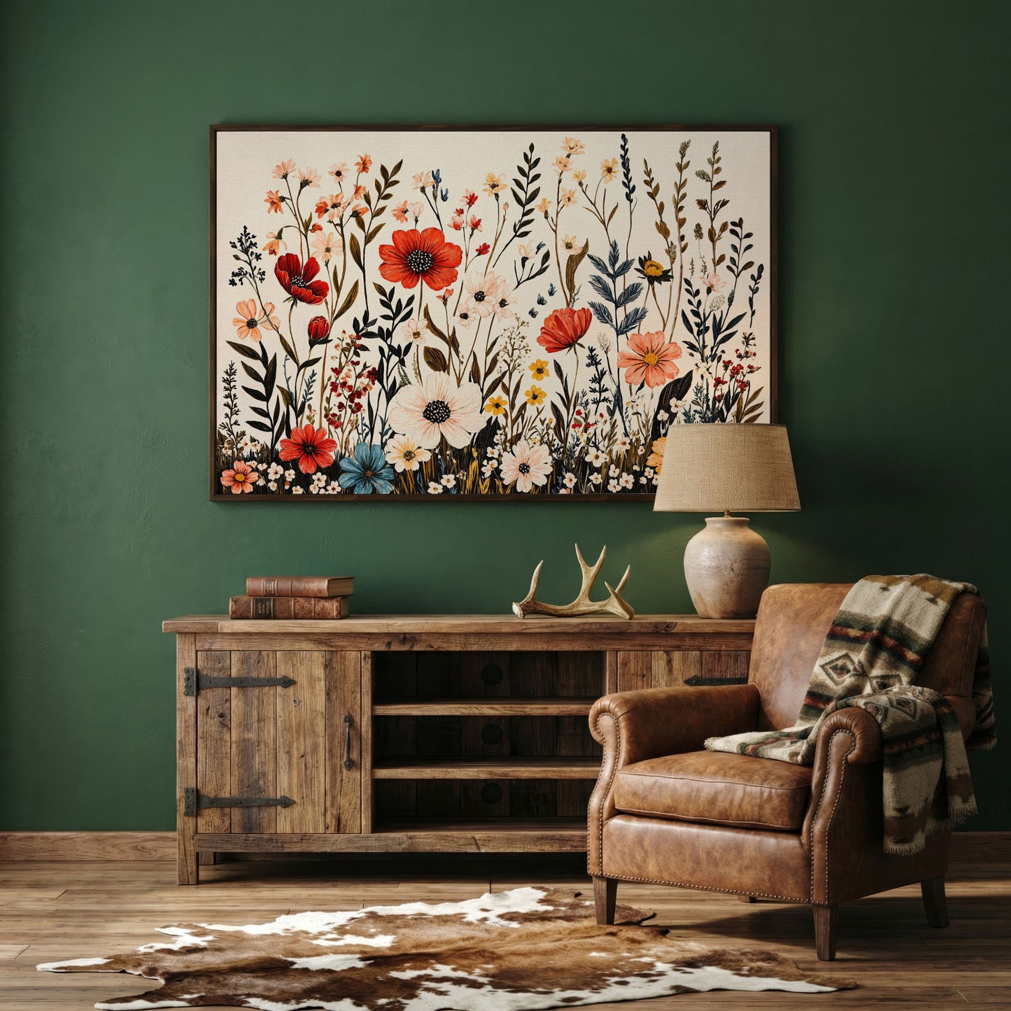 Vibrant Wildflower Canvas Print in dark walnut floating frame
