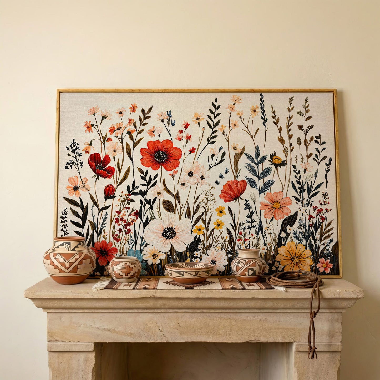 Vibrant Wildflower Canvas Print in white oak floating frame
