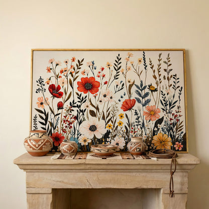 Vibrant Wildflower Canvas Print in white oak floating frame