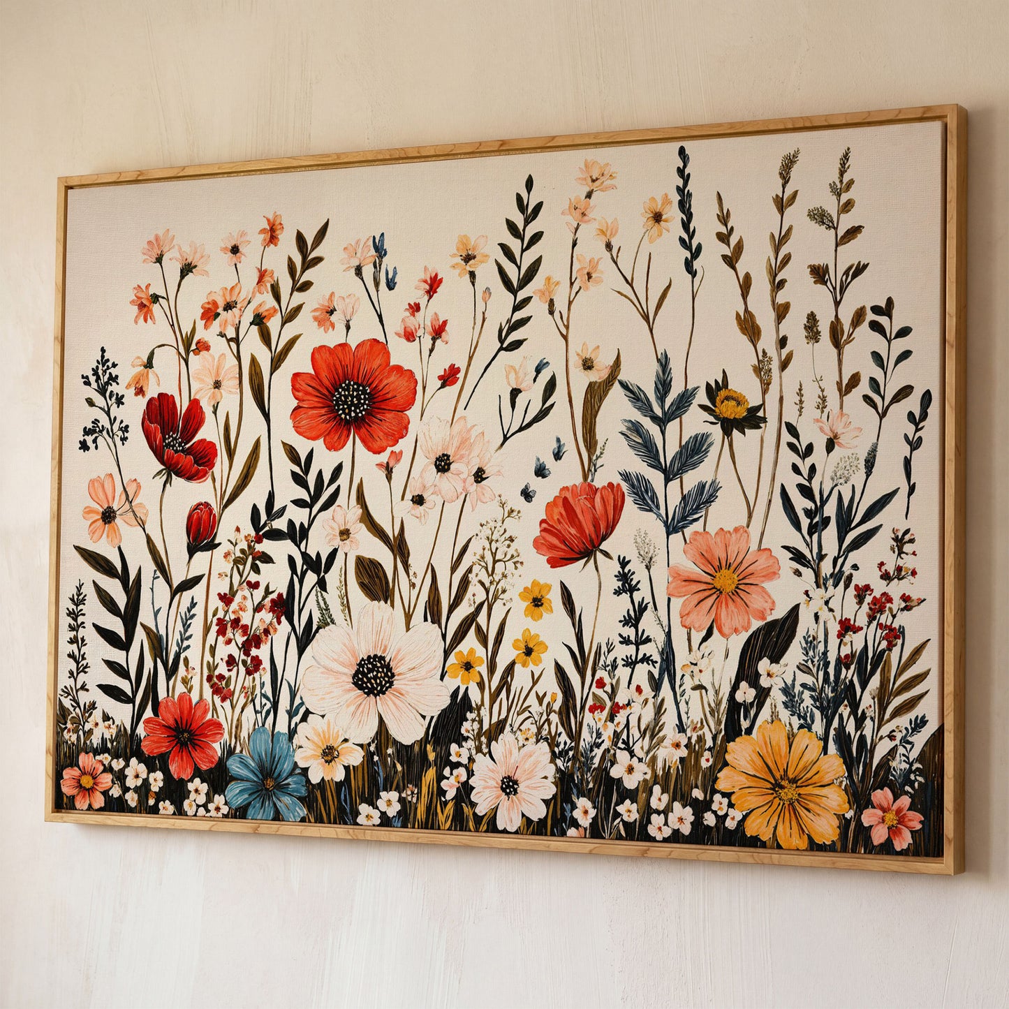 Vibrant Wildflower Canvas Print shown in white oak floating frame