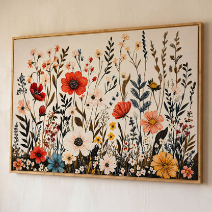 Vibrant Wildflower Canvas Print shown in white oak floating frame