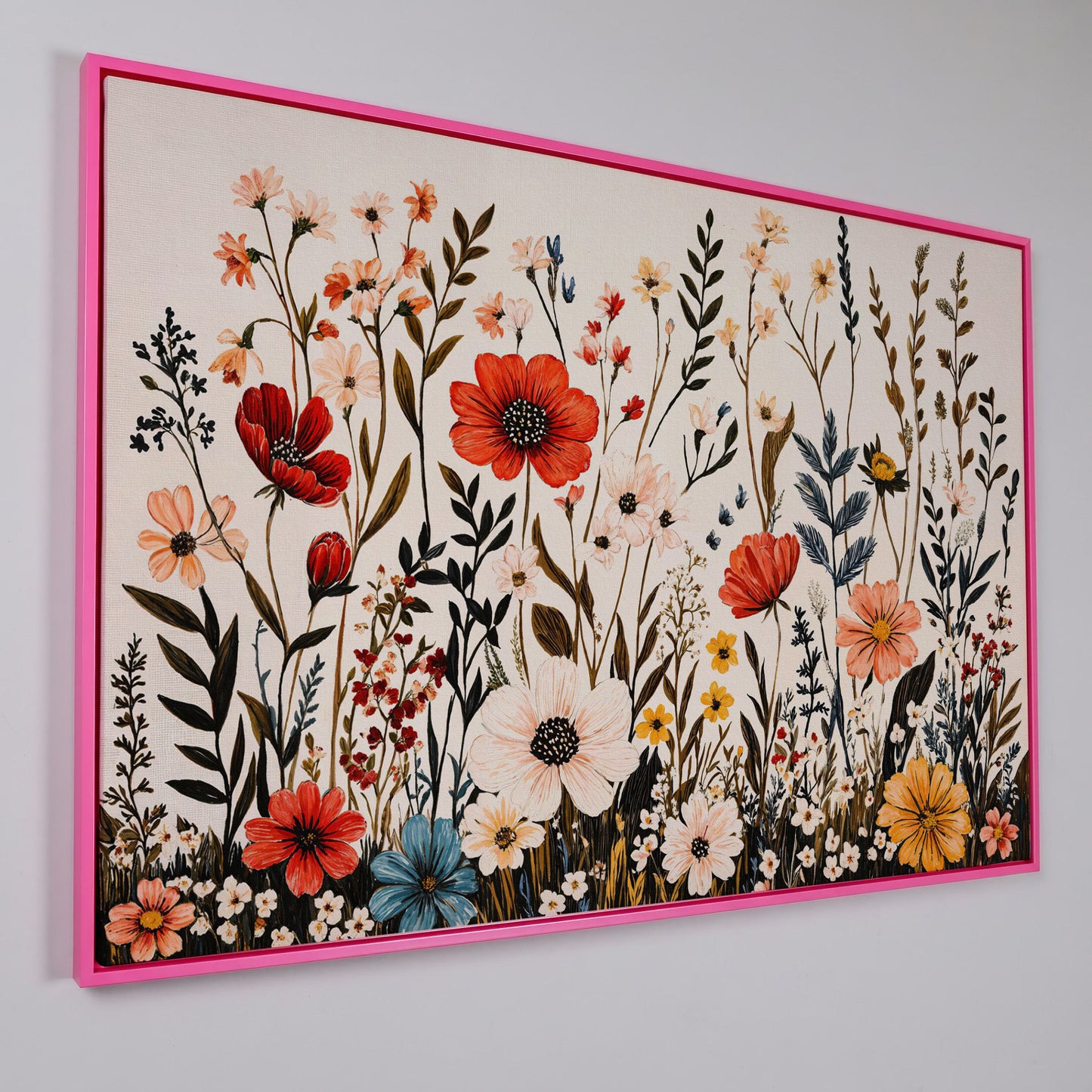 Vibrant Wildflower Canvas Print in pink floating frame