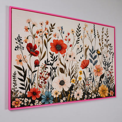 Vibrant Wildflower Canvas Print in pink floating frame