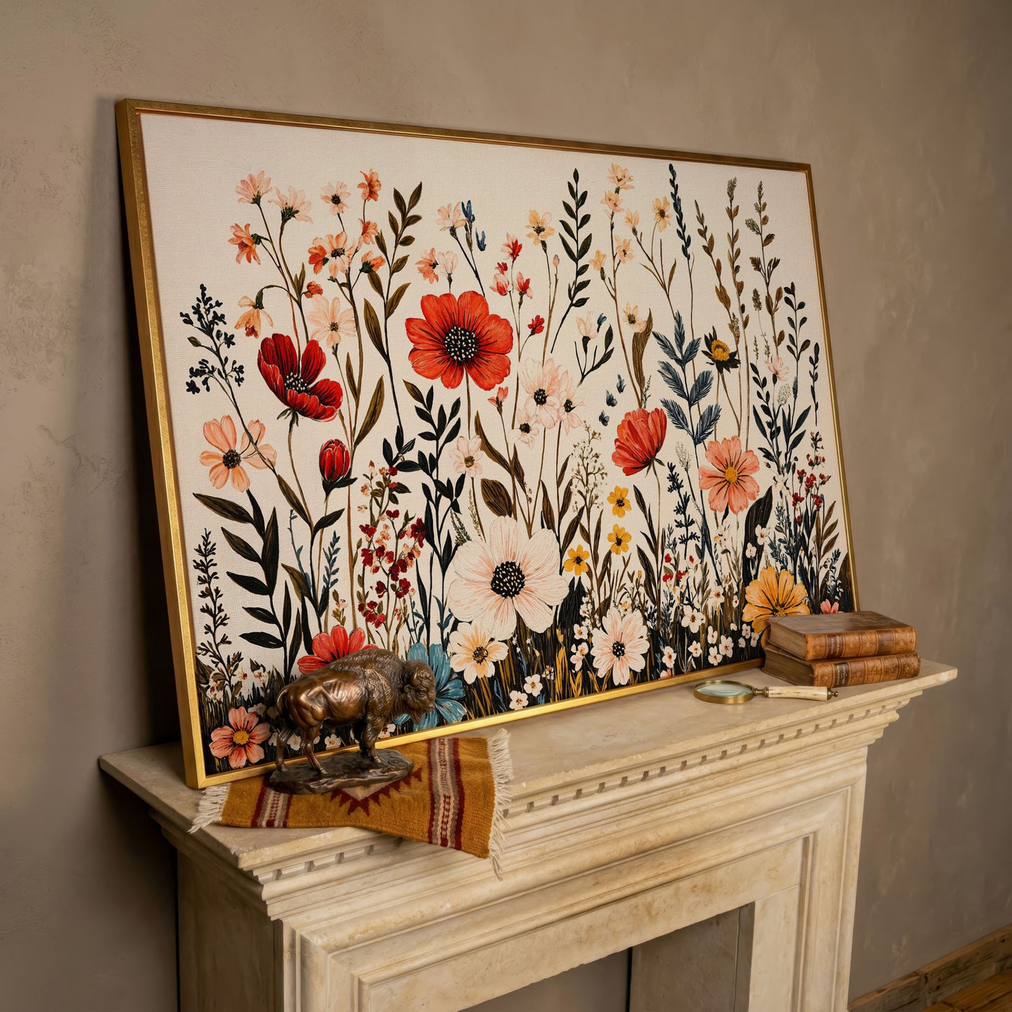 Vibrant Wildflower Canvas Print in rose gold floating frame