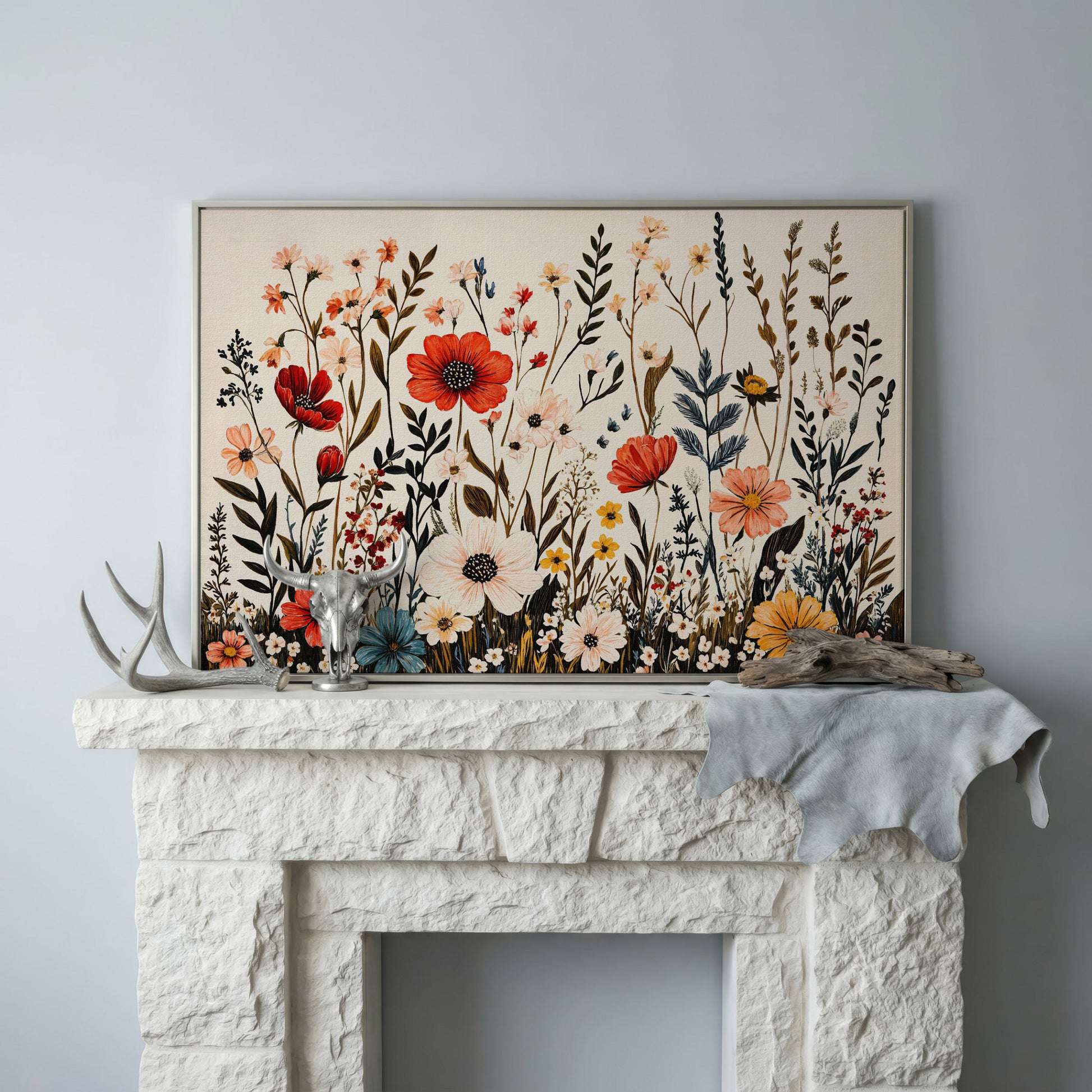 Vibrant Wildflower Canvas Print in silver floating frame