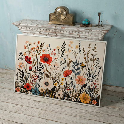 Vibrant Wildflower Canvas Print in white floating frame