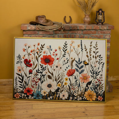 Vibrant Wildflower Canvas Print in yellow gold floating frame