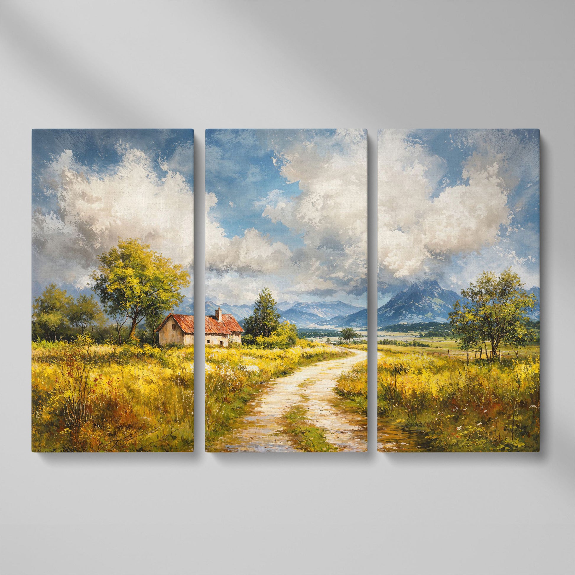 Cottage Path with Mountains Canvas Wall Art as 3-panel split version