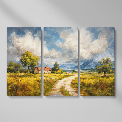 Cottage Path with Mountains Canvas Wall Art as 3-panel split version