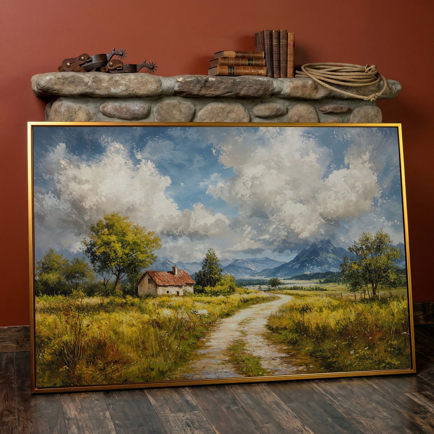 Cottage Path with Mountains Canvas Wall Art in antique gold floating frame