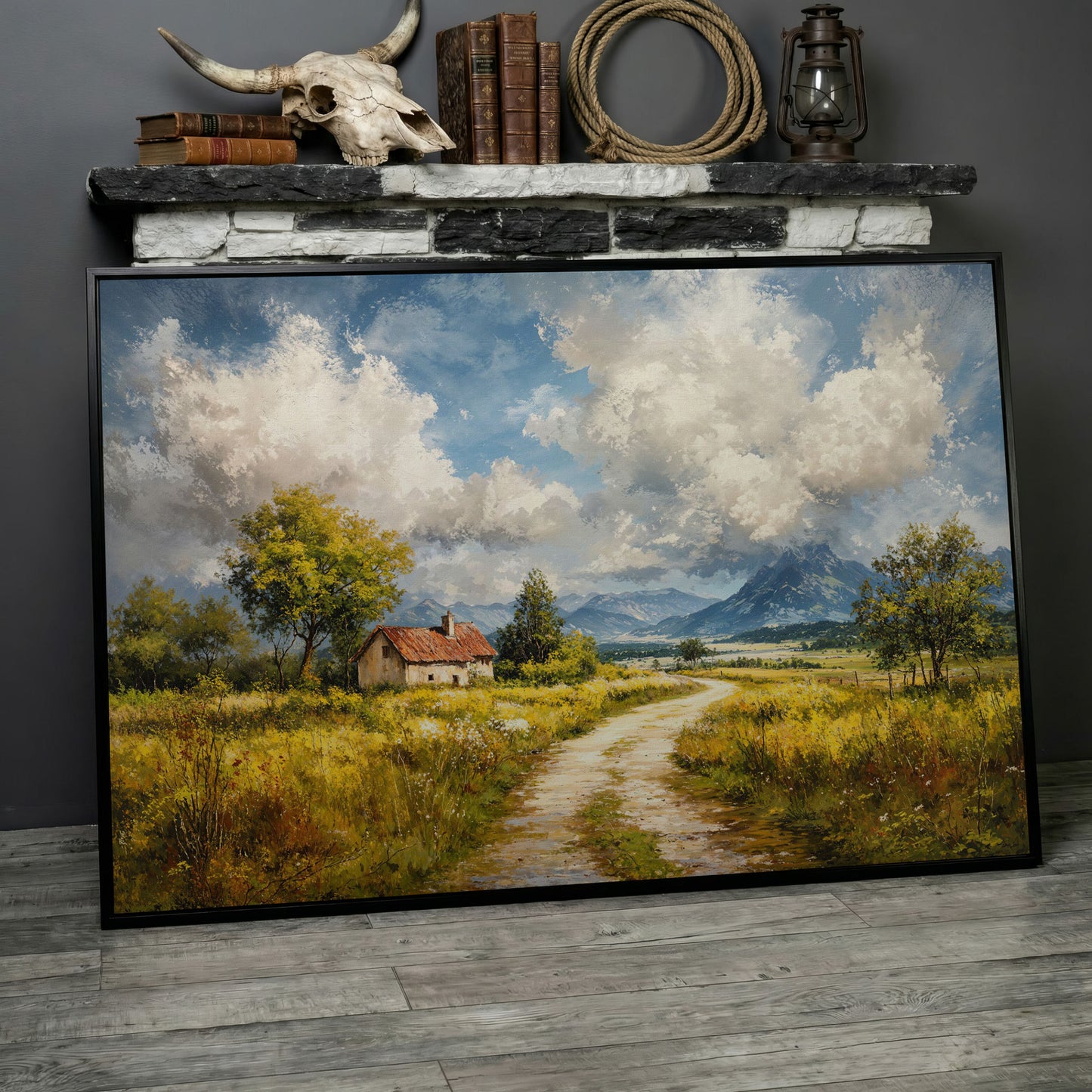 Cottage Path with Mountains Canvas Wall Art in black floating frame
