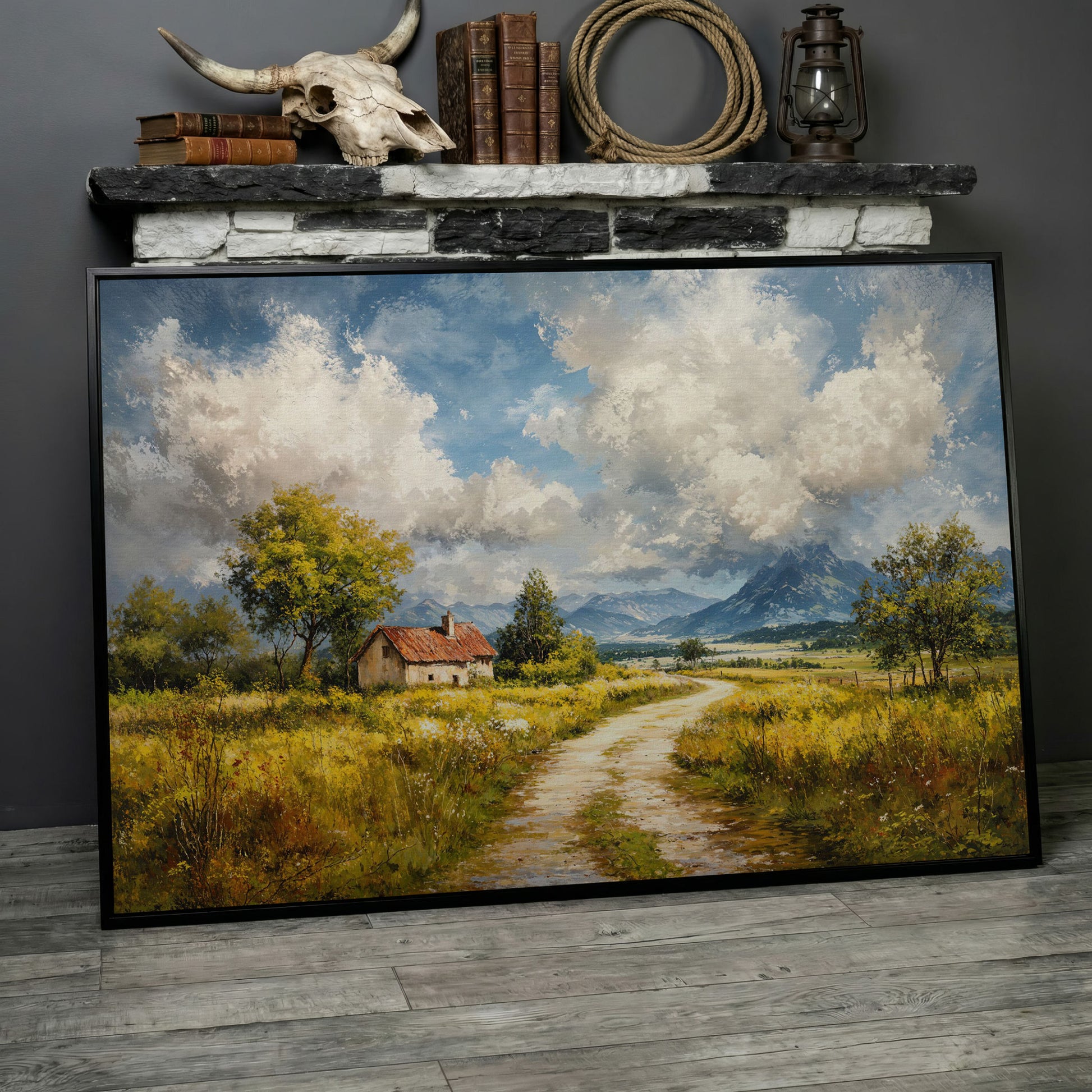 Cottage Path with Mountains Canvas Wall Art in black floating frame